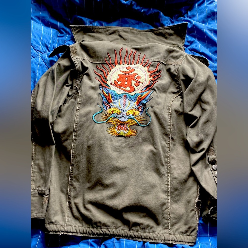 EDWARD DADA VINTAGE MENS JACKET SIZE M- Green MILITARY STYLE (Dragon Embroidery)